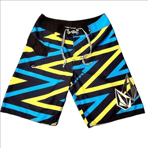 VOLCOM COLOR BLOCK BOARD SHORTS BLACK YELLOW BLUE WAIST TIE